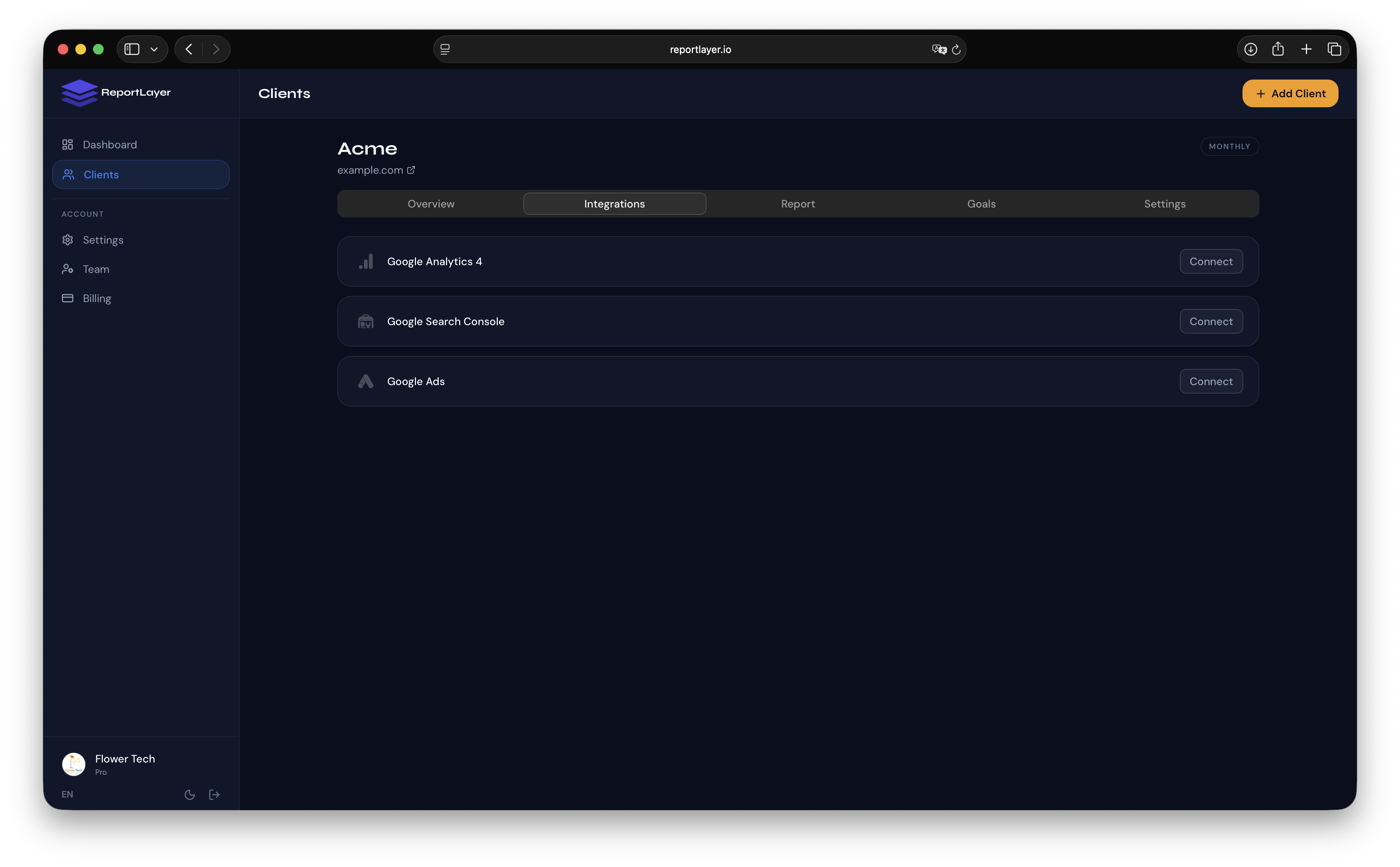 Connect Integration screen showing GA4, Google Search Console, and Google Ads options