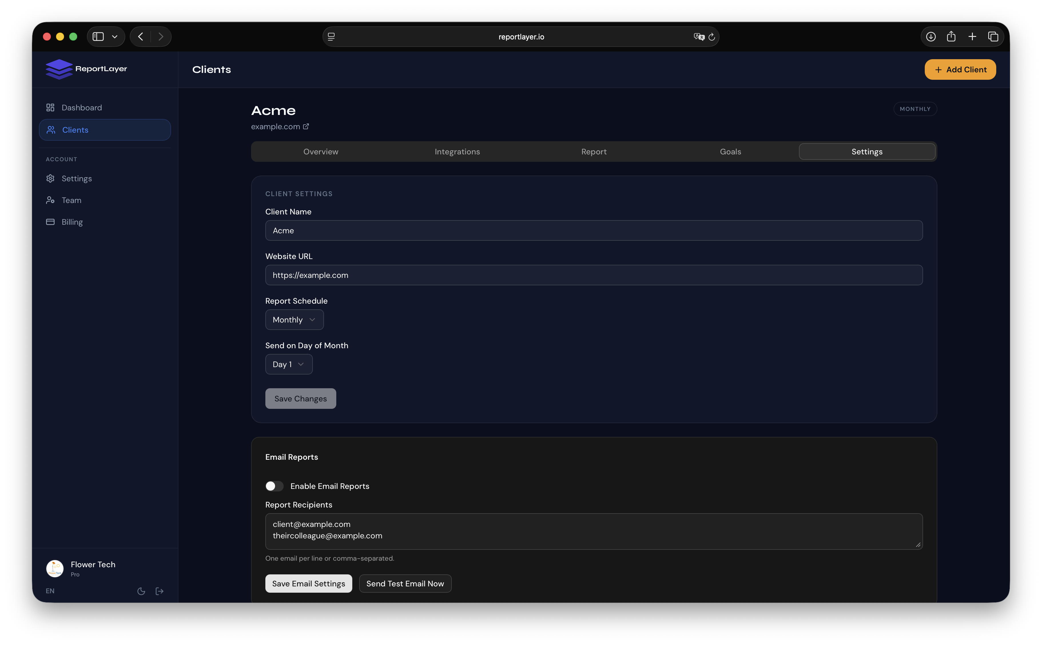 Email reports section showing schedule toggle, day picker, and recipient fields
