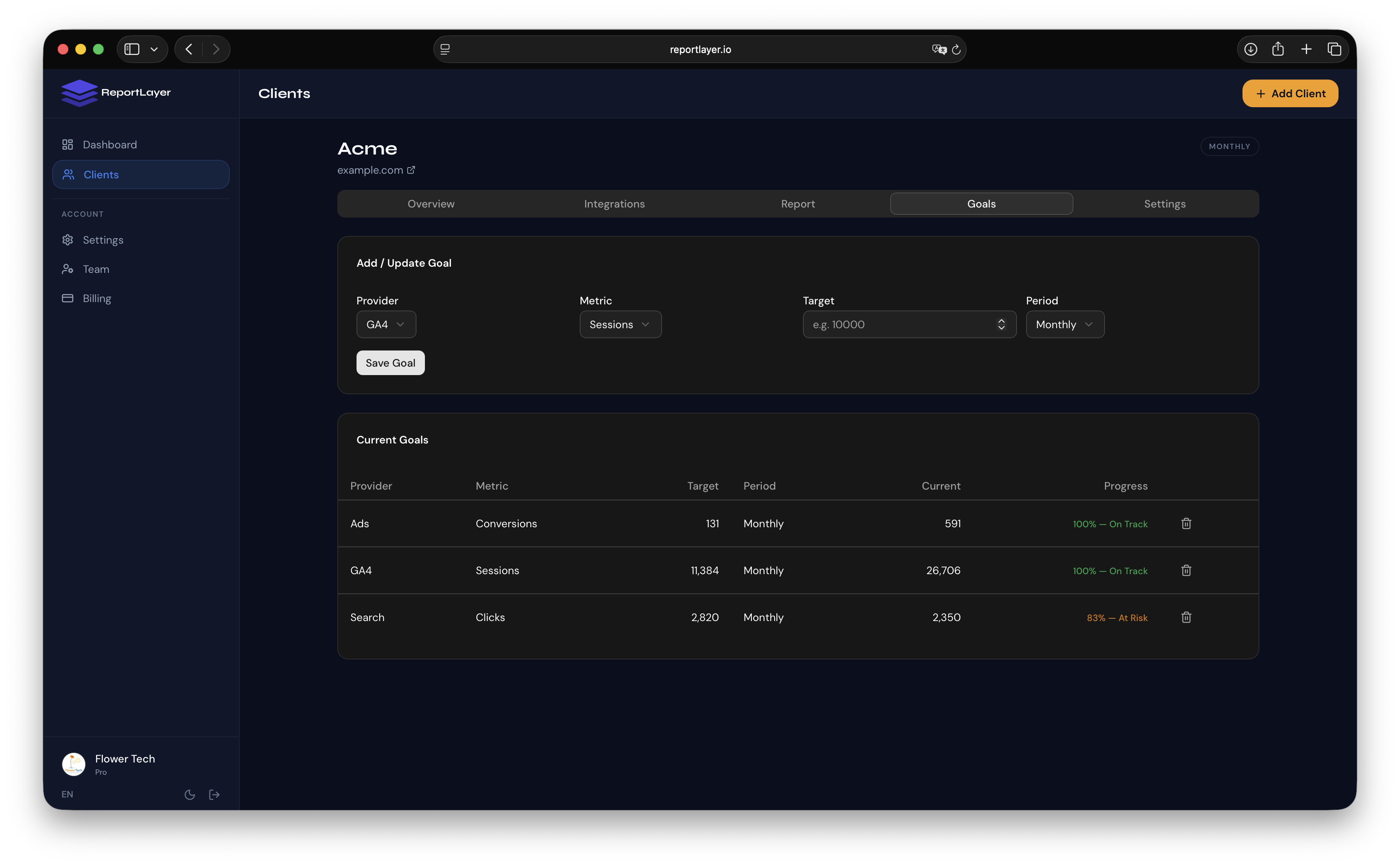 KPI goals configuration inside a client profile