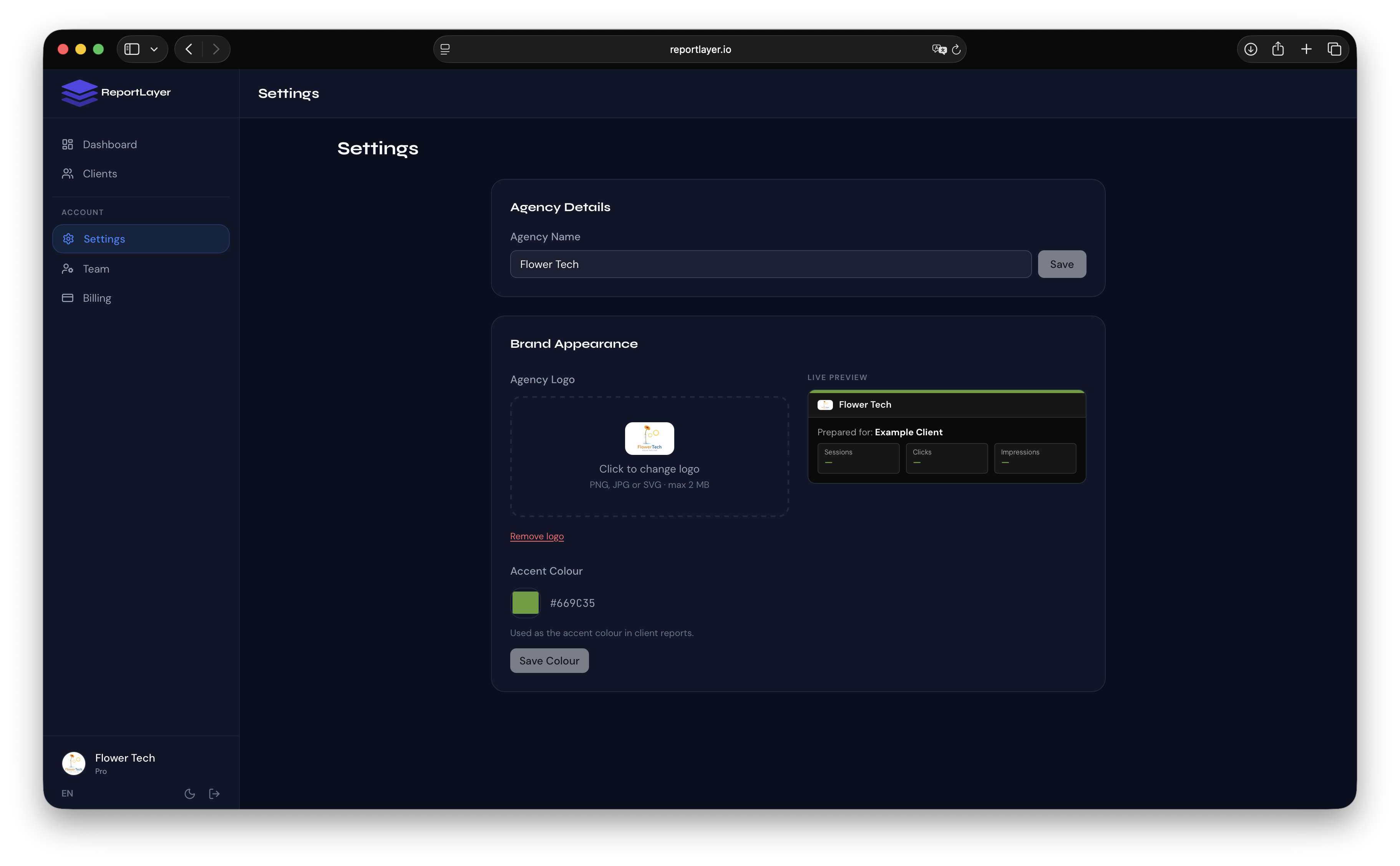 Agency branding settings showing logo upload and accent color picker